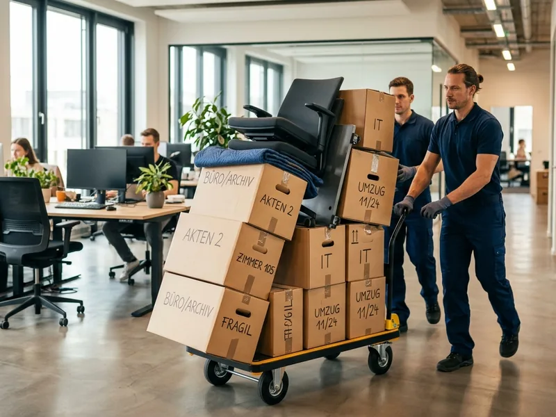 Büroumzug mit Aktenkartons und Bürostühlen auf einem Transportwagen